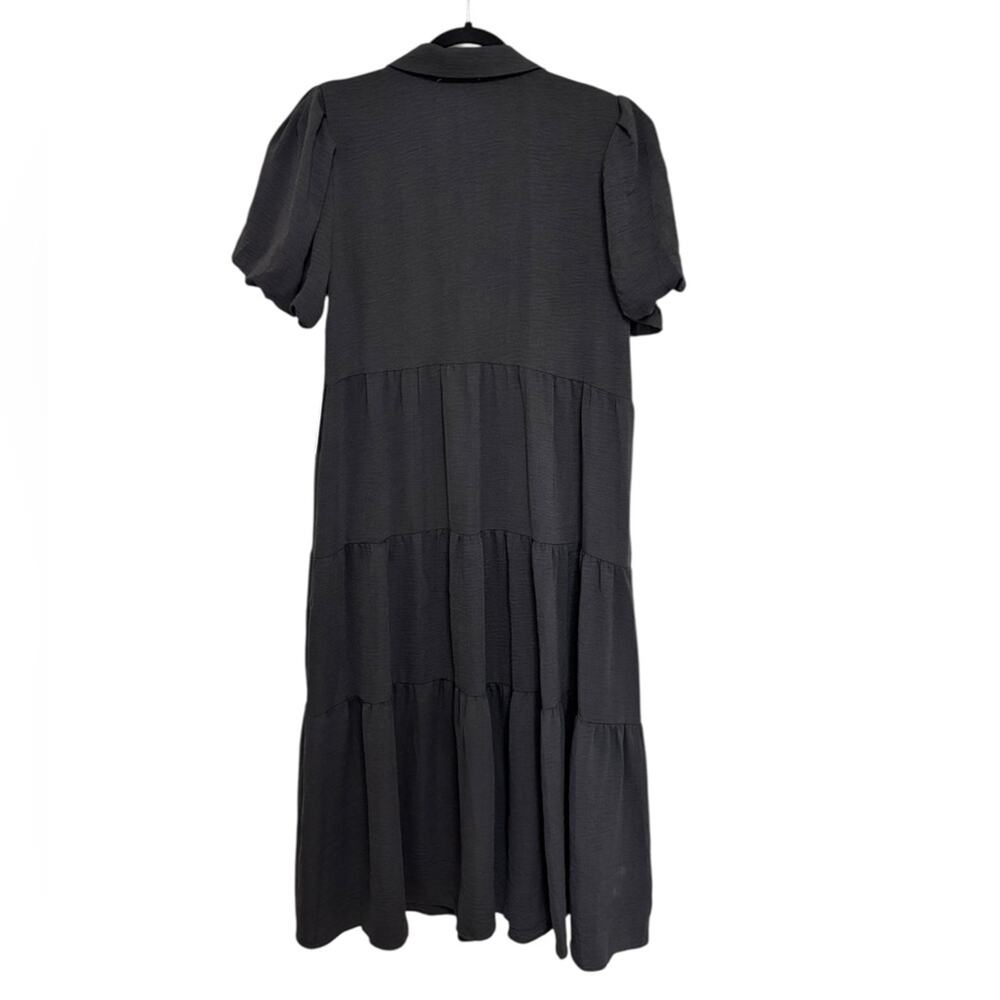 NEW Cece Gauze Short Puff Sleeve Tiered Midi Shirt Dress in Black - Size L - Picture 4 of 7